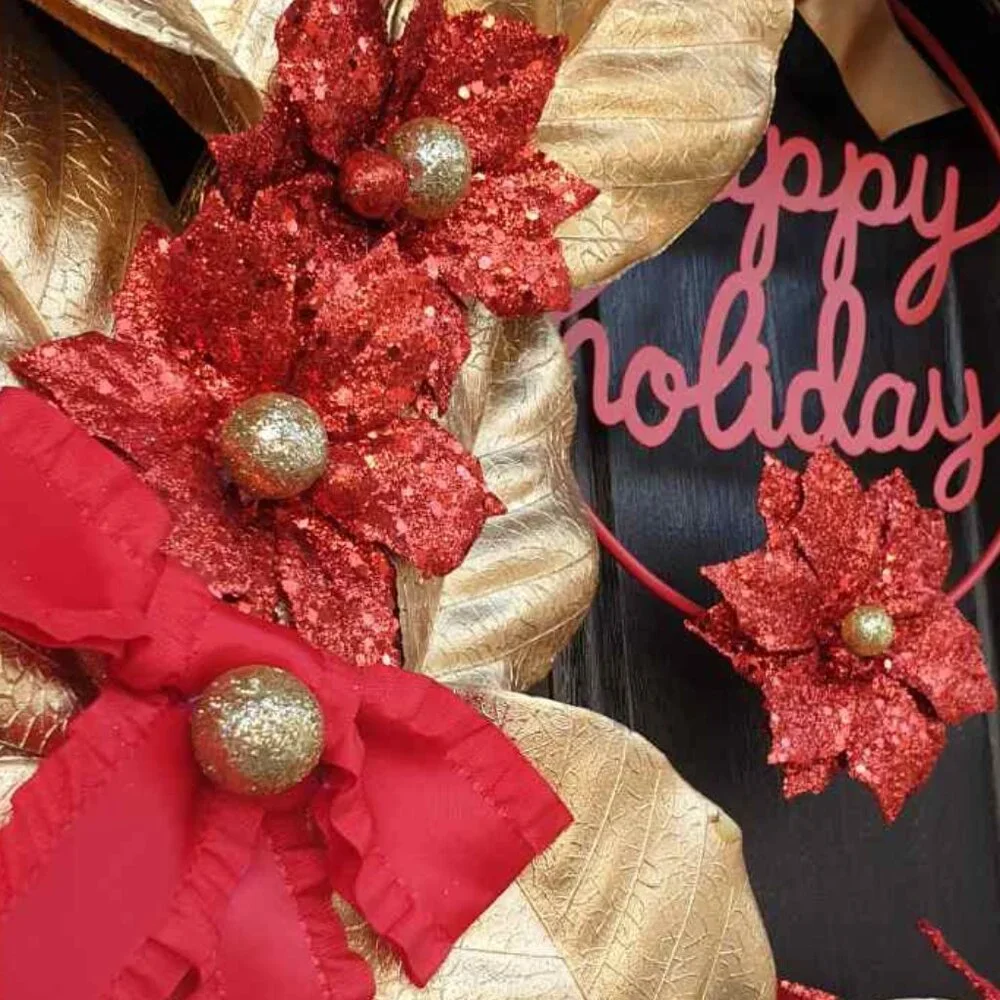 Christmas Handmade Red Flower Gold Wreath Home Office Decor Door Wall Hanger